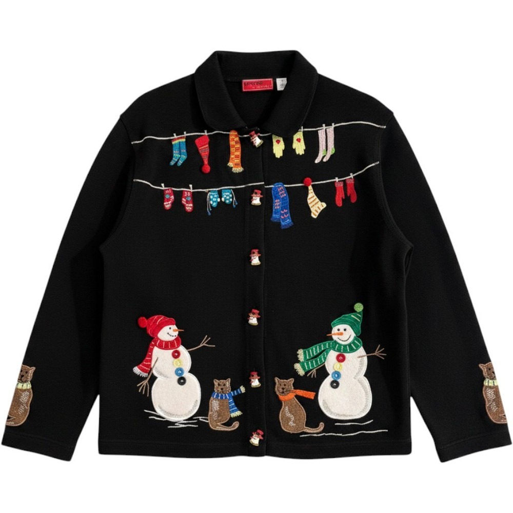 Onque Casuals Snowman Cat Christmas Cardigan Women L Black Embroidered Holiday